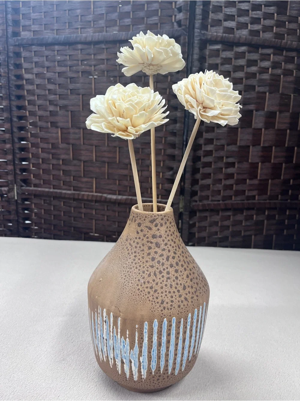 Crate&Barrel Brown Ceramic Vase with Blue Drip Detail